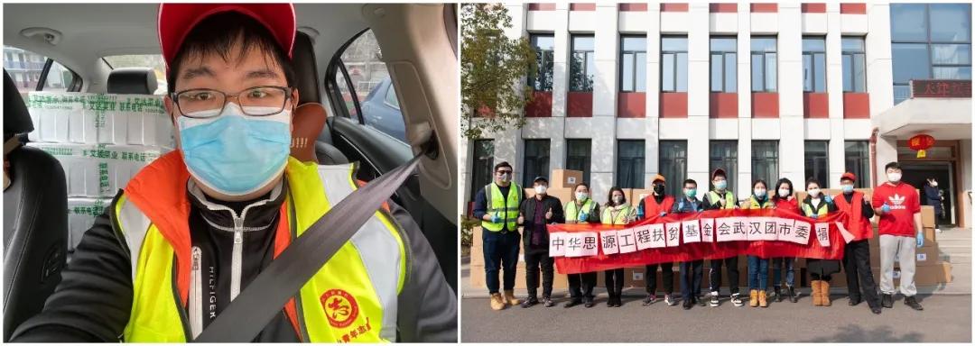 左圖：10輛轎車(chē)后座和后備箱堆滿(mǎn)了菜，出發(fā)送給社區(qū)；右圖：各位志愿者協(xié)助接收消毒防護(hù)物資